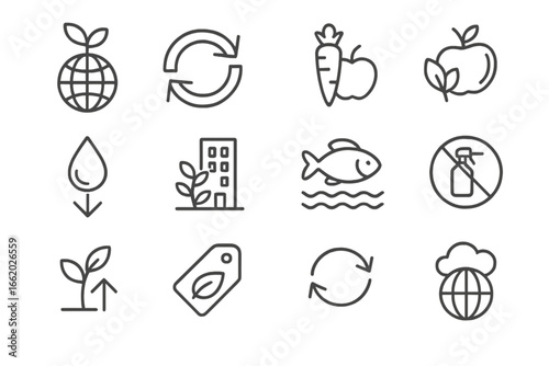 Aquaponics Benefits Icons. Line style icons of aquaponics benefits: sustainable icon, closed-loop arrow, food security symbol,