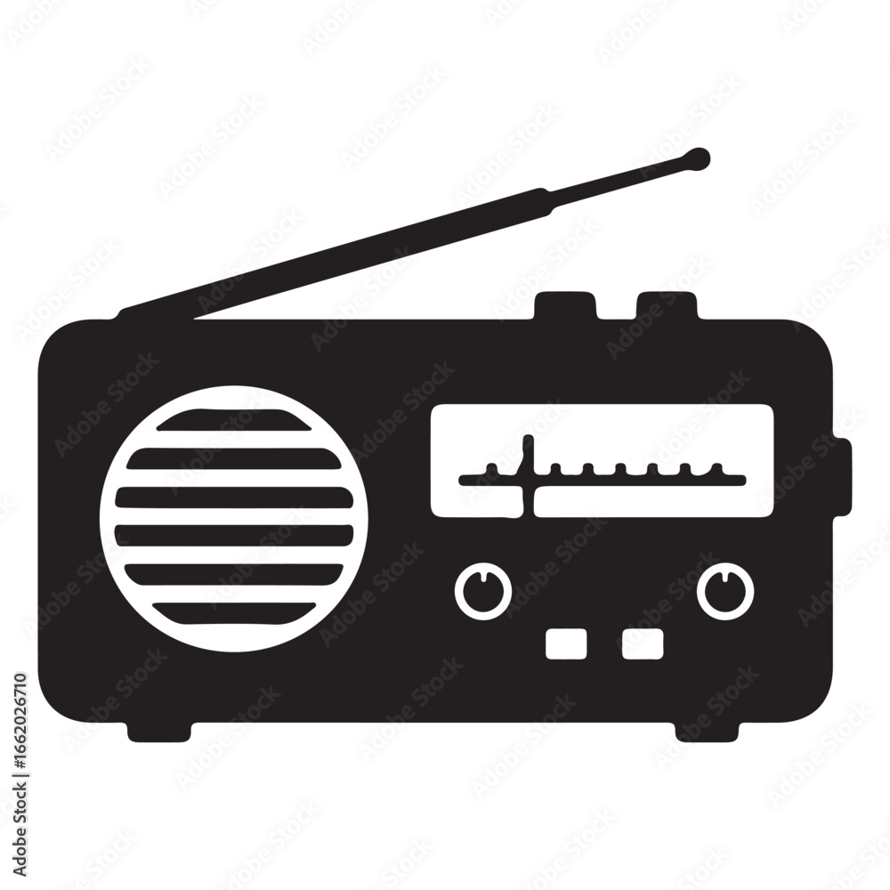 Fototapeta premium Vintage Radio Icon with Antenna and Controls Black and White Design for Media Communication and Technology Applications Classic Audio Device