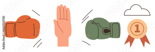 Boxing gloves, a raised hand gesture, a cloud, and a number one medal frame a metaphor for competition, peace-making, or goal achievement. Ideal for conflict management, sportsmanship