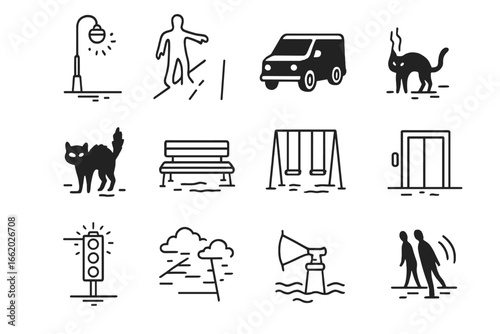 Nighttime Street Horror Icons. Line style icons of nighttime horror: streetlamp flicker, shadow crossing road, black van, alley