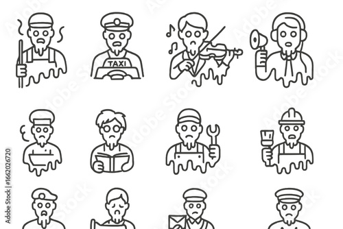 Cursed Professions Icons. Line style icons of cursed professions: haunted janitor, ghost cab driver, cursed musician, subway