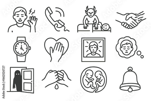 Sudden Death Icons. Line style icons of sudden death legends: dying curse, last phone call icon, sleep paralysis demon, cursed
