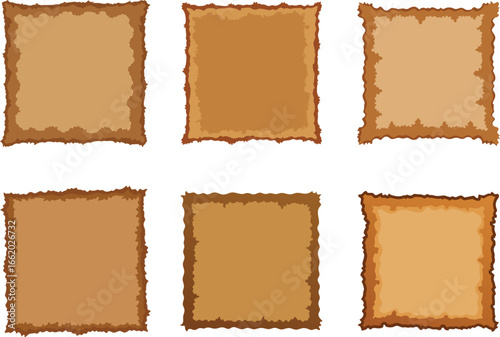 Six pieces of vintage looking parchment paper in various shades of brown