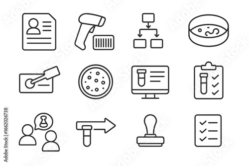 Laboratory Workflow Icons. Line style icons of laboratory workflow icons: sample intake form, barcode scanner, lab workflow chart,