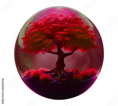 Global concept of a red tree growing on a map of the world