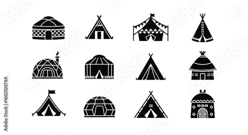 Collection of diverse tribal nomadic habitation dwellings various styles and designs black and white icons vector