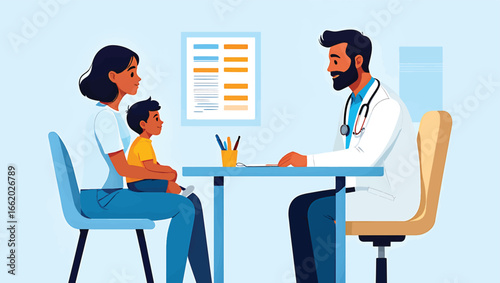 Pediatrician consulting with a mother and child in a clinic. Family healthcare and medical advice vector illustration concept.