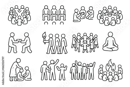 Line Art Ritual Icons. Line style icons of group ritual scenes: community prayer circle, elders seated, group chant session,