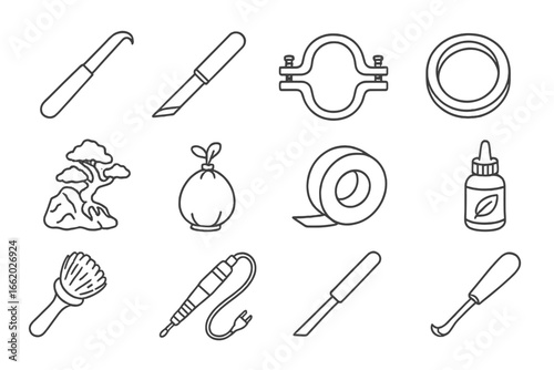 Bonsai Tool Icons. Line style icons of advanced bonsai techniques: jin carving blade, shari stripping knife, branch fusion clamp,