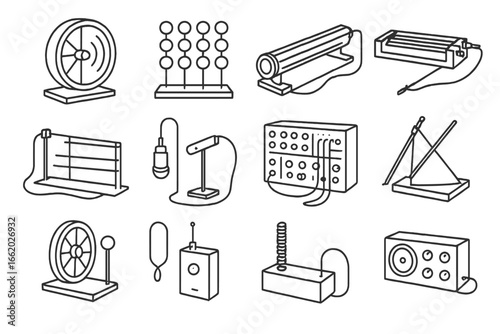 Experimental Sound Devices Icons. Line style icons of experimental sound devices: sound sculpture wheel, sonic crystal array,