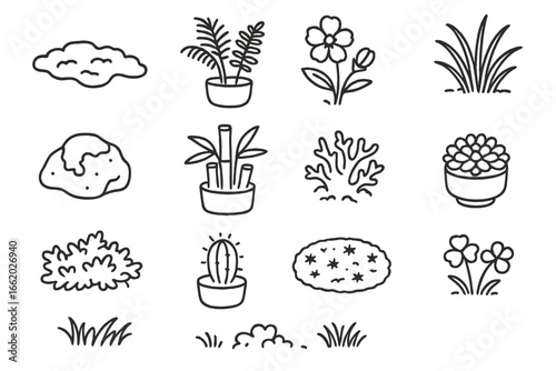 Bonsai and Companion Icons. Line style icons of bonsai and companion plants: moss ground cover, miniature fern pot, seasonal