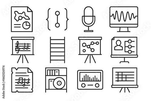 Musicology Tool Icons. Line style icons of academic musicology tools: ethnomusicology chart, interval measurement icon, acoustic