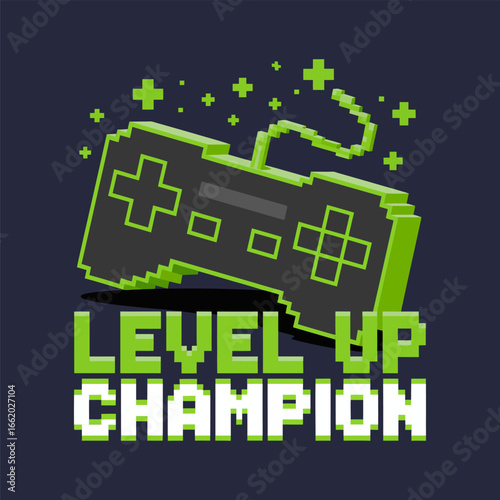 Level up champion vector, game controller with cable, pixel sparks, esports badge, neon green palette, retro gamer illustration