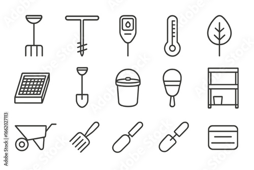 Composting Tool Icons. Line style icons of composting tools: compost fork, compost aerator, moisture meter, thermometer probe,