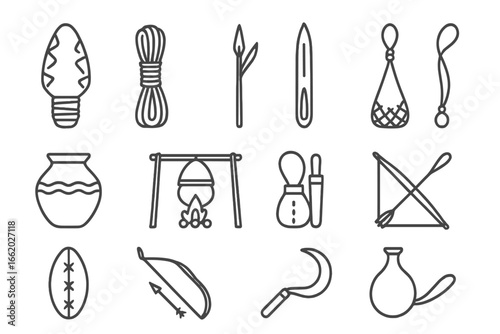 Indigenous Tools Icons. Line style icons of indigenous toolkits: stone blade, cordage bundle, fishing spear, net weaving tool,