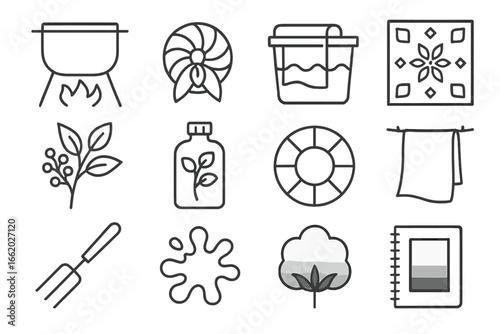 Dyeing Techniques Icons. Line style icons of dyeing techniques: dye pot over fire, tie-dye knot icon, immersion dyeing bucket,