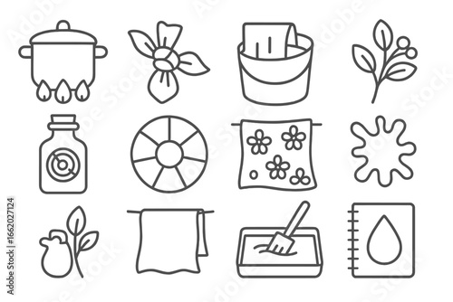 Dyeing Techniques Icons. Line style icons of dyeing techniques: dye pot over fire, tie-dye knot icon, immersion dyeing bucket,