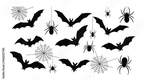 Mysterious Night: Dark silhouettes of bats, spiders and spiderwebs intertwine, creating a spooky and chilling scene.