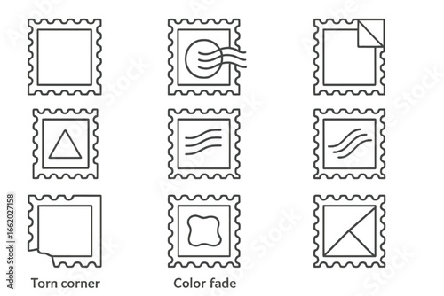 Stamp Condition Icons. Line style icons of stamp condition terms: mint stamp, used stamp with cancel, hinged stamp, never hinged
