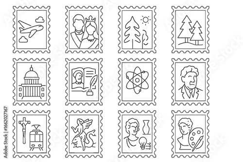 Stamp Icon Themes. Line style icons of stamp themes: aviation stamp, royal family stamp, nature series, historic event issue,