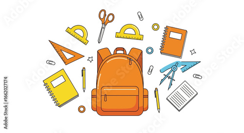 Illustration depicting a school backpack surrounded by educational supplies