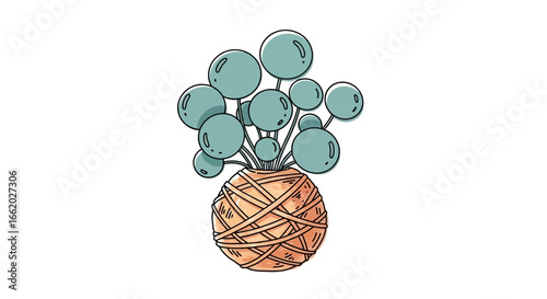 Whimsical pennywort illustration with creative sphere planter and white backdrop