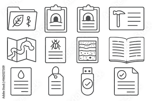 Cave Research Icons. Line style icons of cave research documentation: scientific report folder, cave entry log, photo