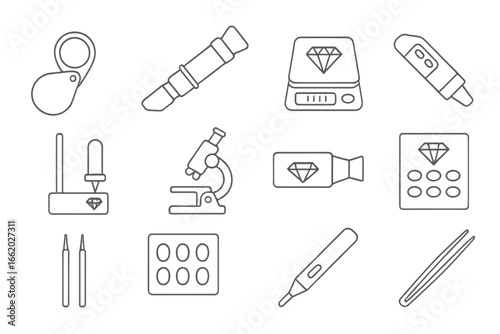 Gemstone Testing Tools Icons. Line style icons of gemstone testing tools: jeweler loupe, refractometer icon, gem scale, UV light