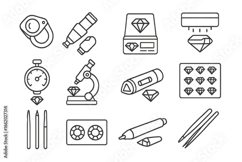 Gemstone Testing Tools Icons. Line style icons of gemstone testing tools: jeweler loupe, refractometer icon, gem scale, UV light