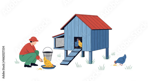 Person feeding chickens near a blue chicken coop on a sunny day illustration