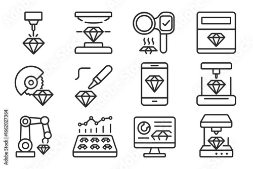 Gemstone Tech Icons. Line style icons of cutting-edge gemstone tech: laser gem cutter, 3D gem scan icon, digital loupe, automated