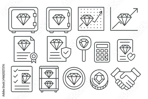 Gemstone Investment Icons. Line style icons of gemstone investment: gemstone vault icon, safe deposit box, gem value chart, market