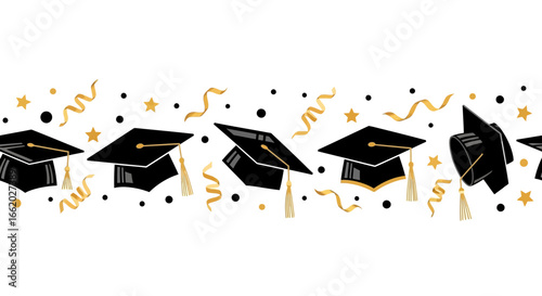 Festive graduation celebration seamless border with caps and confetti accents