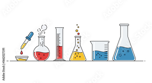 Illustrated chemistry lab equipment showcasing various scientific experiments