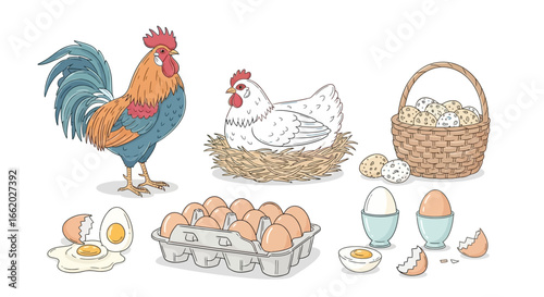 Cartoon farm poultry and eggs arrangement showcasing rustic farm life elements