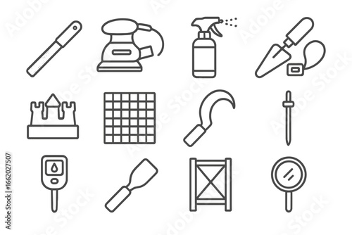 Sand Sculpting Tool Icons. Line style icons of advanced sand sculpting tools: precision edge file, electric detail sander, spray