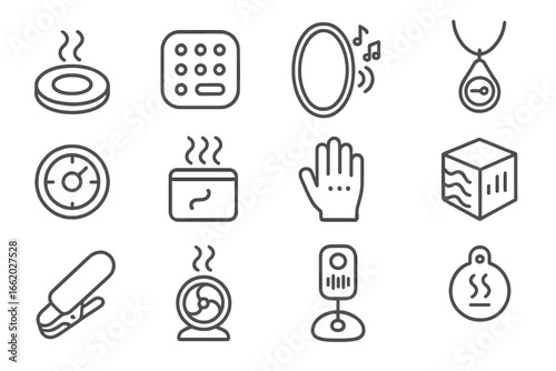 Sensory Tech Icons. Line style icons of sensory tech: smell generator disc, tactile interface patch, audio-enhanced mirror, voice