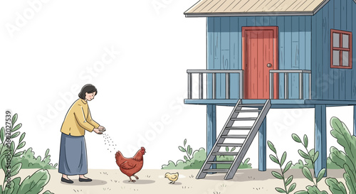Depiction of rural life with a woman feeding chickens near a stilt house