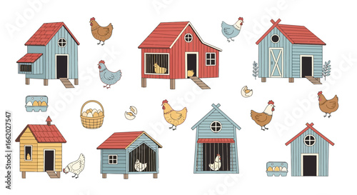 Illustrative pattern featuring stylized chicken coops and chickens in various
