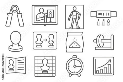 Sculptor Training Tools Icons. Line style icons of sculptor training tools: grip trainer handle, sculpting video tablet, pose
