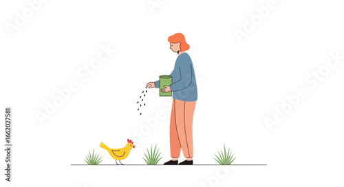 Wholesome cartoon depiction of a woman feeding a chicken in a grassy field
