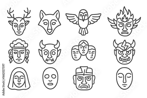 Shamanic Mask Icons. Line style icons of shamanic mask traditions: antlered forest spirit mask, animal totem mask, sacred bird