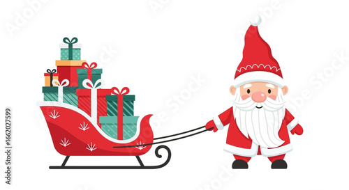 Whimsical santa claus pulling a sleigh overloaded with colorful christmas