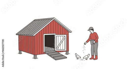 Rural scene depicting farmer feeding chickens next to a rustic henhouse