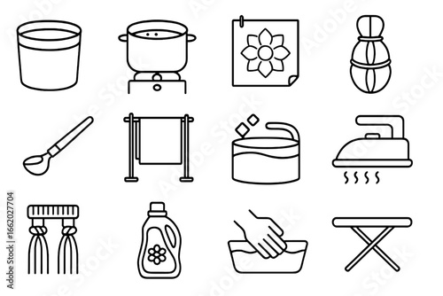 Textile Craft Icons. Line style icons of dyeing and finishing in weaving: indigo vat, dye pot on stove, resist dye stencil,