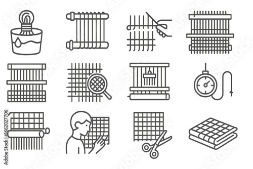 Weaving Process Icons. Line style icons of weaving process stages: yarn dyeing, warp preparation, threading heddles, drawing-in