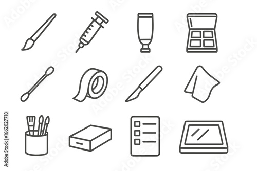 Restoration Tool Icons. Line style icons of heritage restoration tools: fine brush, glue syringe, wood filler, pigment box, cotton