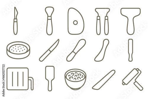 Antique Sculpting Tools. Line style icons of antique sculpting tools: clay modeling tool, loop tool, rib tool, wire cutter, sponge
