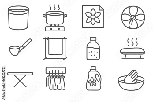 Textile Craft Icons. Line style icons of dyeing and finishing in weaving: indigo vat, dye pot on stove, resist dye stencil,