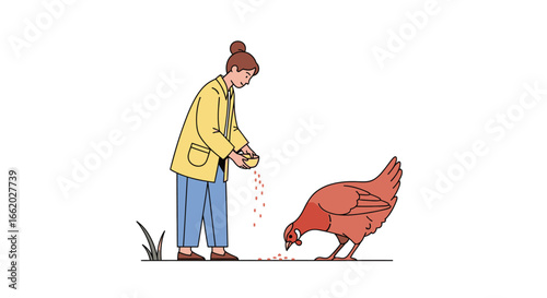 Illustration of a woman feeding a chicken with tenderness on a small farm